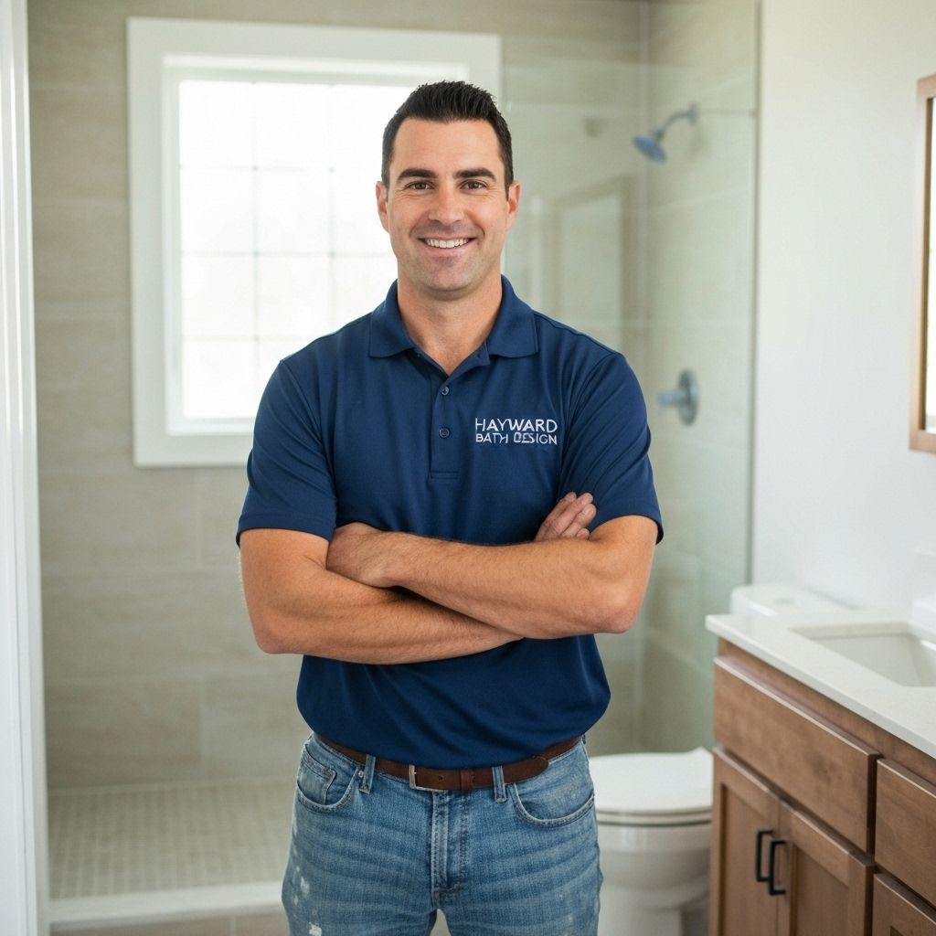 William Thompson, owner of Hayward Bath Design, wearing company branded shirt with HAYWARD BATH DESIGN logo